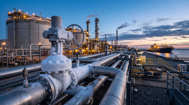 Frosted industrial valve and piping at a liquefied natural gas terminal at dusk