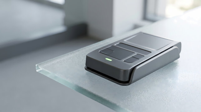 Modern RFID biometric access control reader placed on a glass security desk