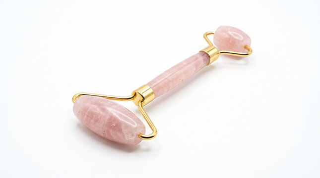 Rose quartz facial massage roller isolated on white background.