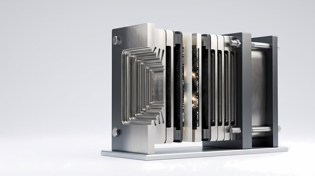 Cutaway view of a hydrogen fuel cell electrolyzer stack showing internal membrane layers
