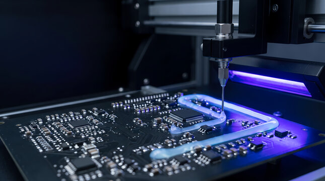 Automated dispensing robot applying a blue bead of conformal coating onto a PCB under UV light