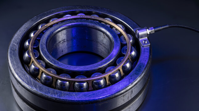 Condition monitoring vibration sensor attached to a large industrial ball bearing under blue light