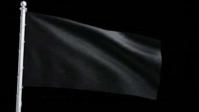 Realistic black flag waving on pole isolated on black background, 3D animation loop waving flag mourning