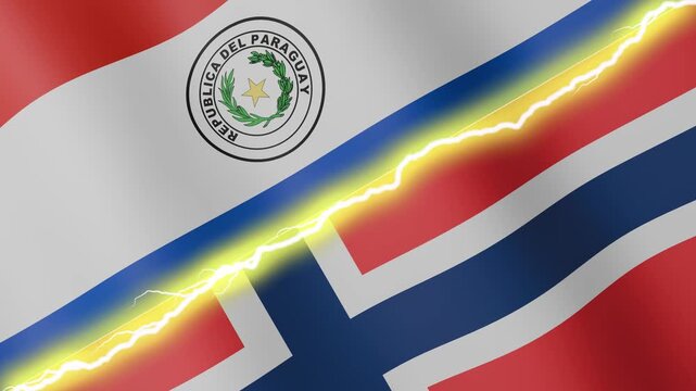 Two waving flags Paraguay and Norway with diagonal lightning seamless, 4k loop