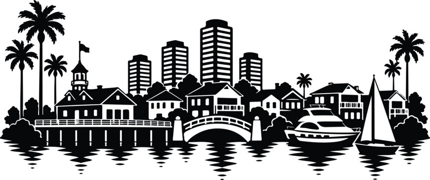 Newport Beach Skyline Silhouette Black and White Vector Illustration