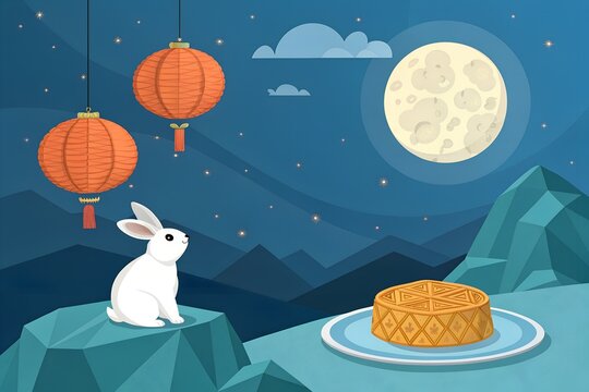 Celebrating Tradition Under Mid Autumn Moon, Moonlit Mid Autumn Night with Mooncake Lanterns and Nature