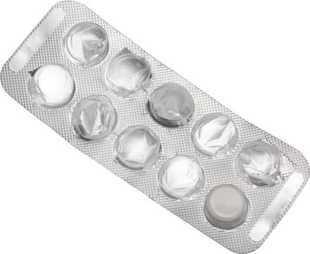 Almost empty silver blister pack with one remaining white pill isolated on transparent background, medical treatment concept