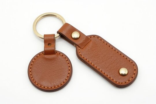 Brown leather key chain with metal ring isolated on white background art.