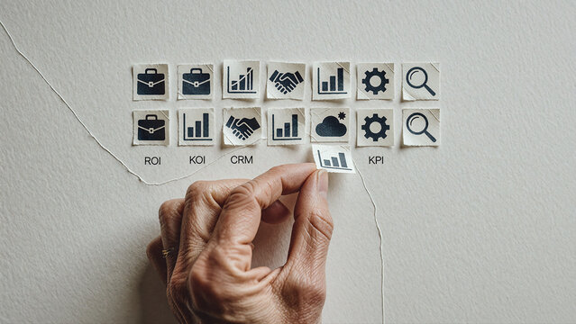 Hand reaches toward small paper stickers featuring black business icons on a textured beige surface. One square depicts rising bar charts held between fingers near white string lines.