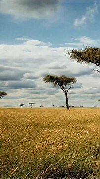 Solitary acacia tree standing in golden savanna grassland under cloudy sky golden hour lighting sky african landscape tree silhouette