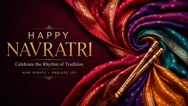 Happy navratri festive greeting card with traditional colorful fabrics and dandiya sticks