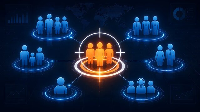 Target audience demographic network concept showing central highlighted user group connected to global community across digital world map interface
