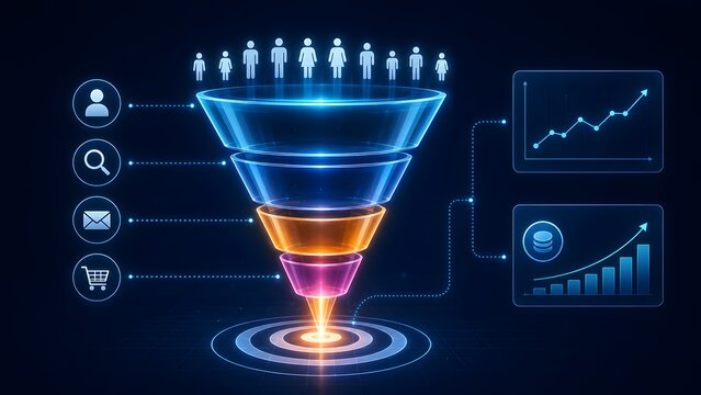 Digital marketing sales funnel concept displaying user conversion process with demographic targeting, email commerce and business growth analytics