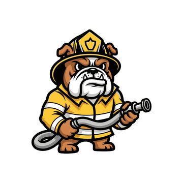 Angry mascot bulldog dressed as a brave firefighter holding a water hose, vector illustration mascot logo design on white background.