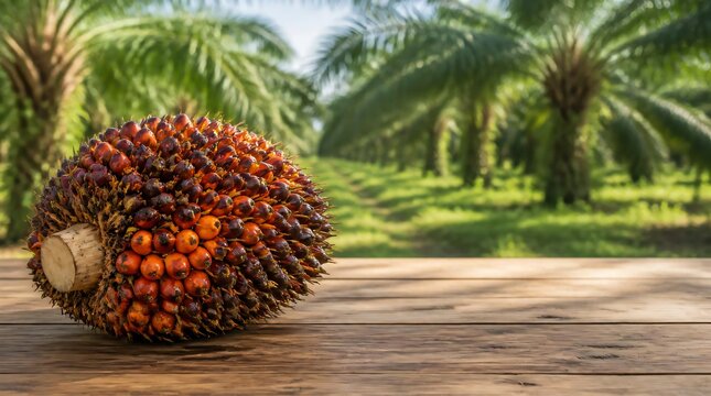 Oil palm fruit bunch on wooden table with oil palm plantation background