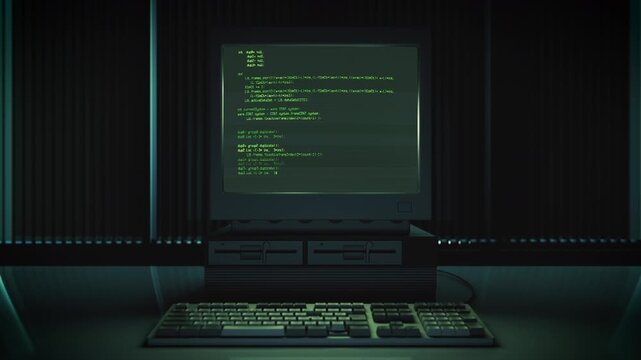 レトロPCとキーボードの3Dアニメーション　架空のコード表示　正面視点　ループ