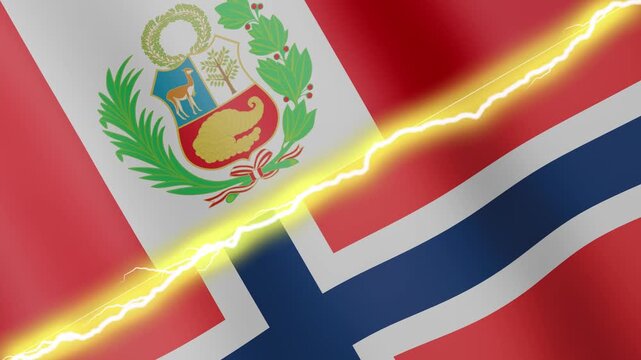 Two waving flags Peru and Norway with diagonal lightning seamless, 4k loop