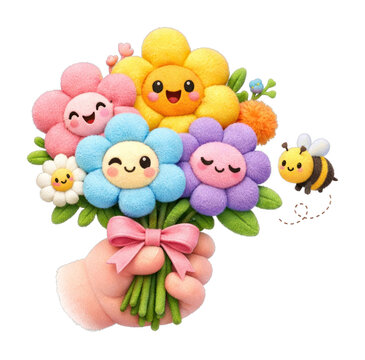 PNG Cute bouquet with smiling flowers.