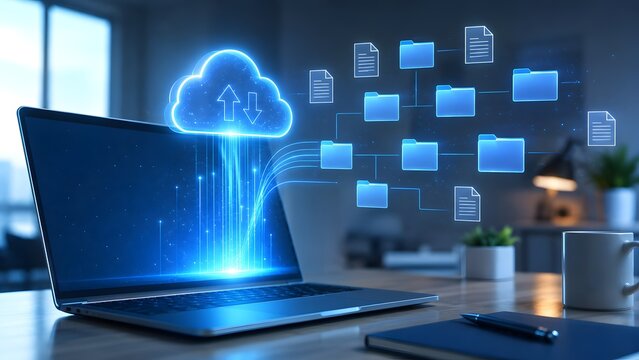 Laptop displaying cloud computing network structure glowing file organization tree concept on office desk
