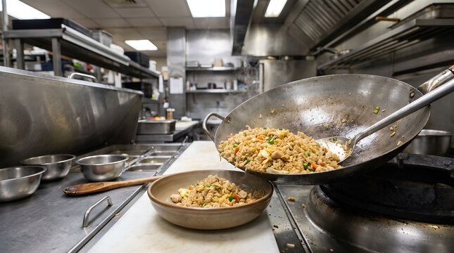 Fresh nasi goreng transferred from a wok into a serving bowl, documenting professional food preparation for restaurant operations, culinary training, and recipe content.