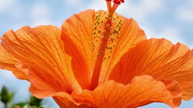 Slow motion tracking close up of orange hibiscus flower gently swaying and opening with visible stamen against blue sky in outdoor garden during bright daytime warm mood