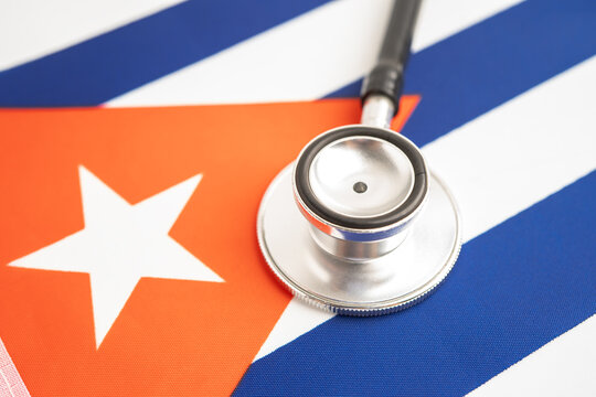 Stethoscope on Cuba flag, business and finance.