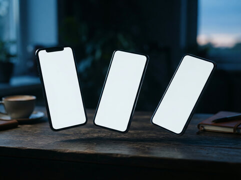 Three phones with blank screens floating above a dark wooden city desk