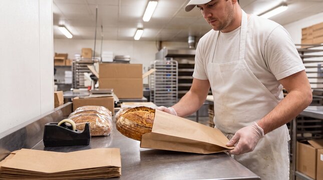 Placing artisan sourdough loaf into paper bag