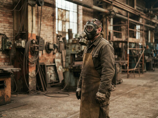 Fototapeta premium Worker in a leather apron and gas mask standing in a dim industrial hall