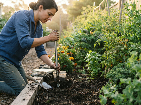 Woman boring a planting hole with a soil auger in a vegetable garden bed