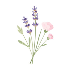Obraz premium Watercolor Illustration of Purple Lavender and Pink Carnation Flowers Bouquet Isolated on White Background for Botanical Design, Wedding Stationery, and Spring Floral Greeting Cards