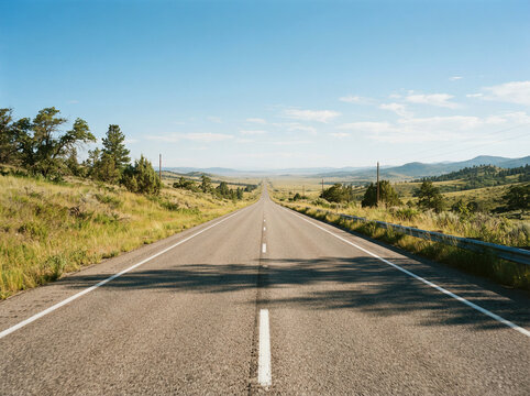 Straight road between grassy hillsides under a clear bright blue summer sky