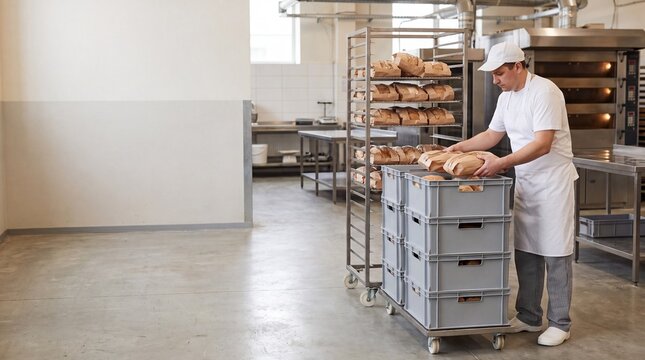 Bakery staff loading sourdough bread into plastic storage crates