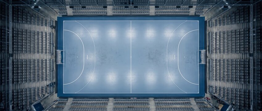 Blue tennis court forms geometric centerpiece in packed arena aerial. Concept of racket tournaments, court layouts, match schedules and sports media.