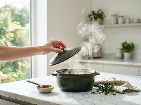 Hand lifting lid from steaming grey pot on marble countertop with rosemary and wooden spoon