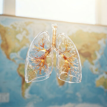 Transparent lung model with bronze airways floating before a world map