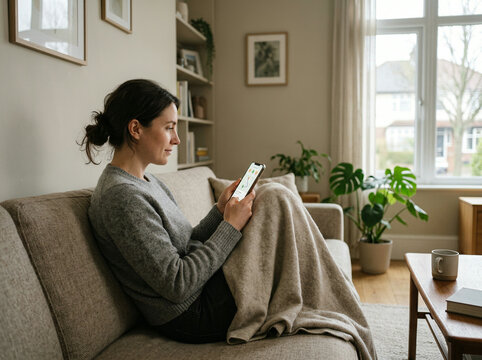 Woman scrolling on a white smartphone on a sofa in a bright modern living room