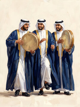 Textured Oil Painting of Gulf Musicians Performing with Frame Drums
