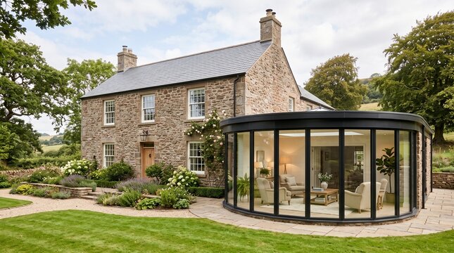 Traditional stone farmhouse featuring a contemporary curved glass extension and conservatory in the countryside during daytime showcasing architectural transformation and rural residential design