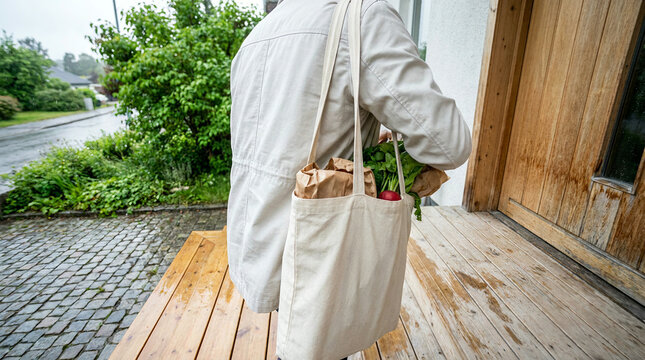 Person from back on wooden porch carrying brown paper bag of radishes and leafy greens by large