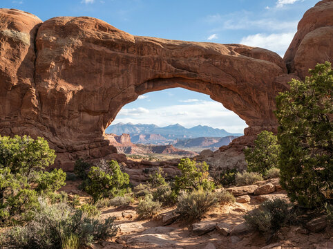 Natural Sandstone Archway Framing Scenic View of Distant Blue Mountains and Desert Landscape