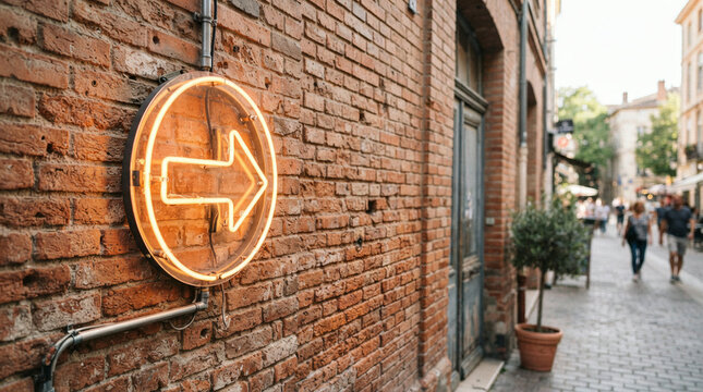 Circular neon arrow sign on a brick wall above a narrow cobbled street
