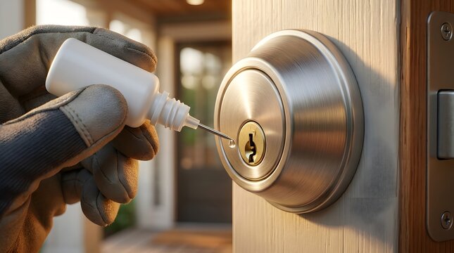 Gloved hand applying lubricant oil drop to a brushed metal deadbolt lock on a wooden door during a bright day.