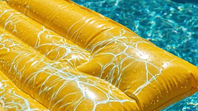 Slow motion tracking pan of yellow inflatable pool float bobbing and reflecting sunlight on clear backyard swimming pool in daytime sunny warm summer relaxation scene