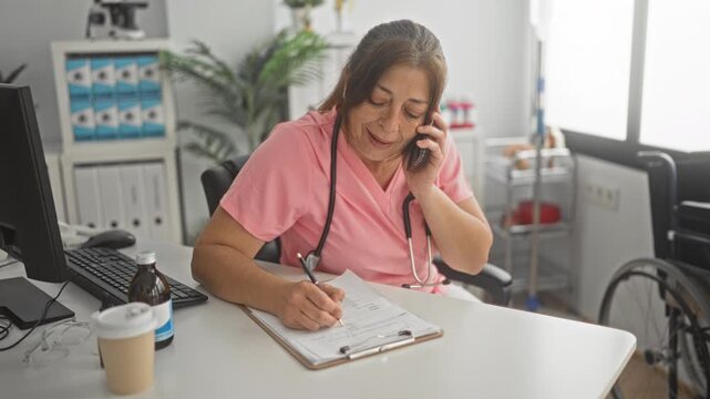 Woman doctor in pink scrubs holds phone to ear and writes on clipboard with stethoscope at desk in clinic; focused care coordination.