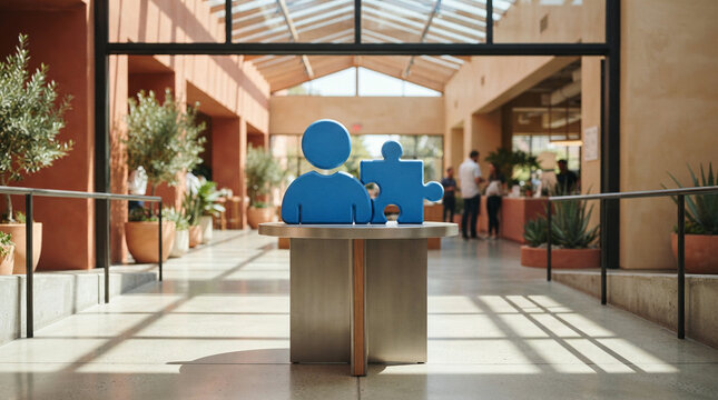 Blue sculpture of two interlocking figures on a walkway with potted olive trees