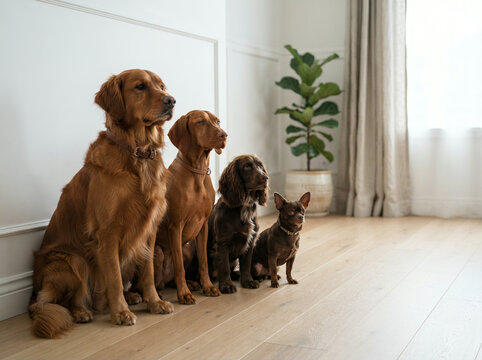 Four dogs seated in a row looking upward in a bright panelled room in soft daylight