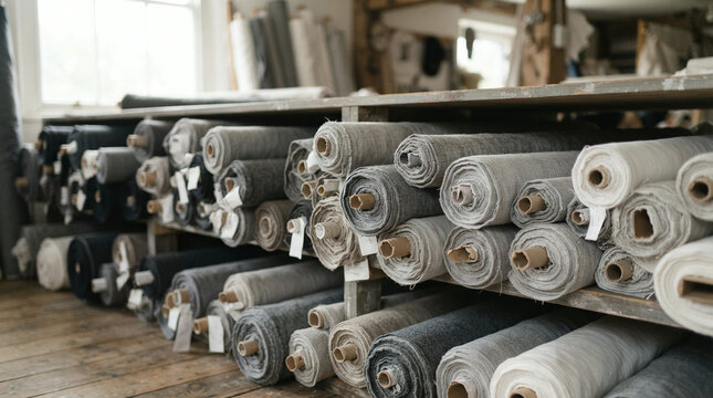 Rows of stacked grayscale fabric rolls filling wooden shelves in a storage workshop