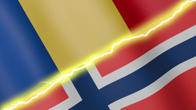 Two waving flags Romania and Norway with diagonal lightning seamless, 4k loop