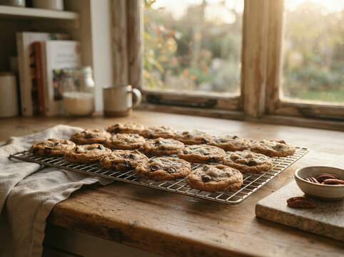 Chocolate chip cookies on cooling rack in warm kitchen setting with pecans and morning light
